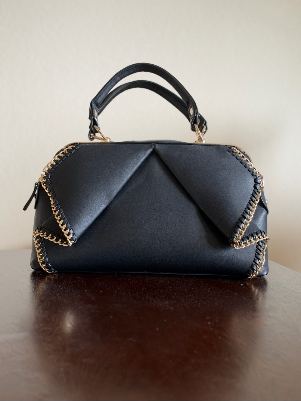 bebe Black Top-Handle Satchel with Gold Chain Detail